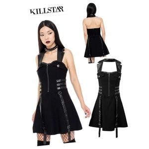 KILLSTAR Psy-Ops Fit And Flare Dress Halter Neck Faux Leather Trim Black